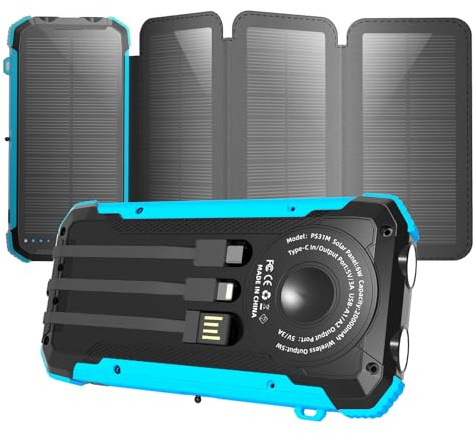 Solar Charger Power Bank 20000mAh, Portable Wireless Charger, 15W Fast Charging External Battery Pack with Dual Flashlight and USB C Outputs. Outdoor Mobile Power Compatible with Cell Phones (blue)