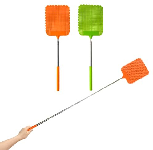 JZK Lot de 2 tapettes à mouches télescopiques extensibles avec long manche - Attrape-mouches manuel stable à l'intérieur - Piège à guêpes pour l'extérieur - Tapette à insectes pour guêpes et insectes