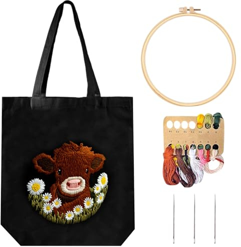 FSSODWT Sticken Set Canvas Tragetasche mit Highland Kuh Muster für Anfänger