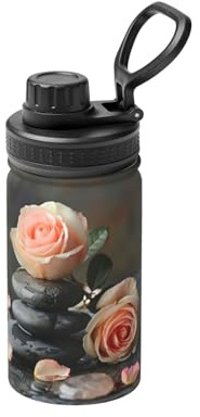 Bouteille d'eau isotherme en métal avec imprimé de pierres et de roses, 355 ml, en acier inoxydable, garde au froid et au chaud