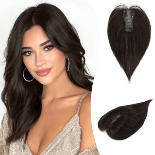 RUWISS Haar Toppers Echthaar für Damen Hair Topper Leichtes Clip in Haarteil für Frauen Glatter Hair Topper ohne Pony, Dunkelbraun