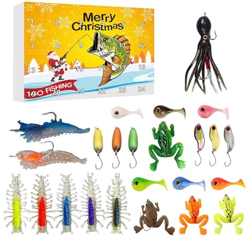 Adventskalender mit Kunstködern 2025, Weihnachten 24 Tage Köder Für Fische 2025, Kalender Rückwärtszählung für Weihnachten mit Kit | Für Männer, Süß- und Salzwasser
