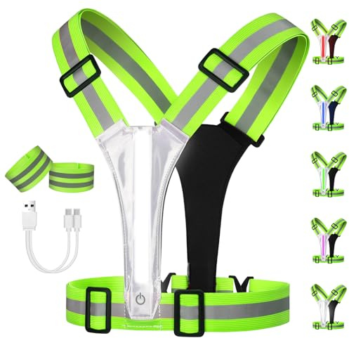 Adiwo Gilet Réfléchissant Running, LED Sécurité Rechargeable USB, Taille Réglable avec 2 Bracelets Réfléchissants,5 Couleurs de Lumière, 3 Modes d'Éclairage pour Vélo, Moto, Vert