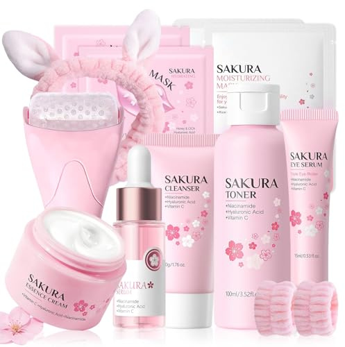 Set de Cuidado Facial Sakura 12 Piezas,Set de Cuidado Diario de la Piel con Limpiador,Tóner,Crema facial,Esencia,Esencia ocular,Mascarilla facial y Accesorios,para Adolescentes y Mujeres