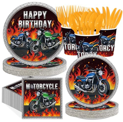 Greencian 168Pcs Motorcycle Birthday Party Decorations for Boys Flame Racing Motorcycle Motocross Plates and Napkins Cups Forks Tableware Sets for Mens Fire Heroes Dirt Bike Themed Party Decorations