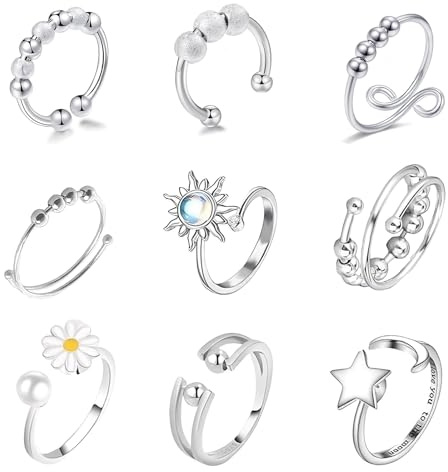 MENUY 9 Stück Anti Stress Ring, Silberner Fidget Ring Damen mit Drehperlen, Drehring Damen, Einstellbarer Anti Stress Ringe zum Stapeln und zur Entspannung