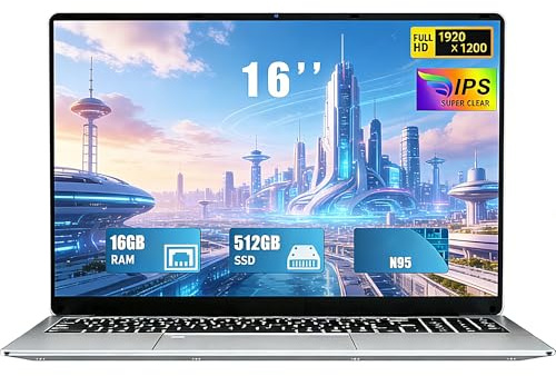 FUNYET 2026 Ordenador Portátil 16'' RAM 16GB M.2 SSD 512 GB Expansión 1TB Portátil 4 Cores Celeron N95 hasta 3.4 GHz Win 11 Pro Laptop FHD 1920×1200 USB 3.0 BT 5.0 WiFi 5 HDMI Teclado Retroiluminado