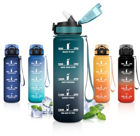 Borraccia 1 Litro, Borraccia Sportiva con Cannuccia, Bottiglia Acqua Sportiva con Indicatore del Tempo, Facile da Pulire, Borracce a Prova Di Perdite, per Bicicletta, Corsa, Ufficio, Campeggio