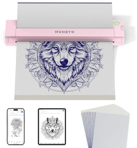 MUNBYN ITP05S Thermocopieur Tatouage Bluetooth, 10 Feuilles Papier Transfert Imprimante, Imprimante Stencil Tatouage, Transfert Tatouage Machine Copieur pour iOS, Android et Mac, Rose