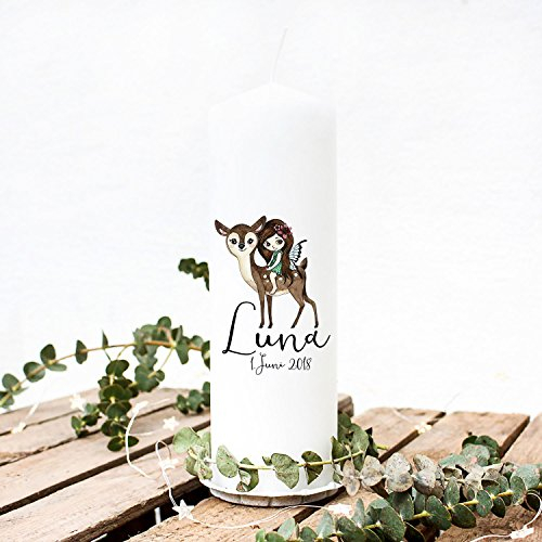 Taufkerze Kerze zur Taufe oder Geburt Kommunionkerze Elfe Fee Rehkitz mit Wunschname & Datum wk22 ilka parey wandtattoo-welt®