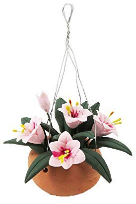 Melody Jane Dolls House Pink Flowers in Terracotta Hanging Basket Bowl Garden Accessory