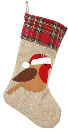 45cm Large Robin Xmas Stocking, Burlap Hessian Linen Hanging Christmas Sack Sock with Classic Printed Design, Reusable Fireplace Stocking for Sweets, Toys and Festive Home Decorations