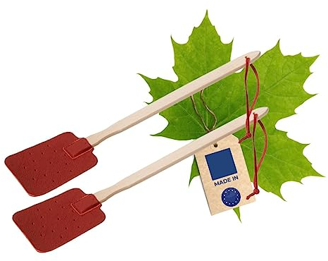 2X HOFMEISTER® Fliegenklatsche aus Ahorn und Leder, rote und formstabile Fliegenpatsche, Mückenschläger Klatsche zum Fliegen und Insekten fangen, 46 cm