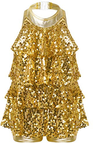 ranrann Enfant Fille Robe Danse Paillette Costume Danse Moderne Jazz Hip hop Robe Danse Latine Brillant Justaucorps Gymnastique Costume Spectacle 6-16 Ans Or 9-10 Ans