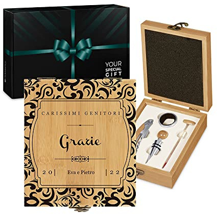 Maverton Kit Accessori da Vino, Set Cavatappi da Vino Degustazione Perfetta | Personalizzato, Scatola in Legno di bambù + 4 Pezzi di Accessori Vino, Idee Regalo per Anniversario, Grazie
