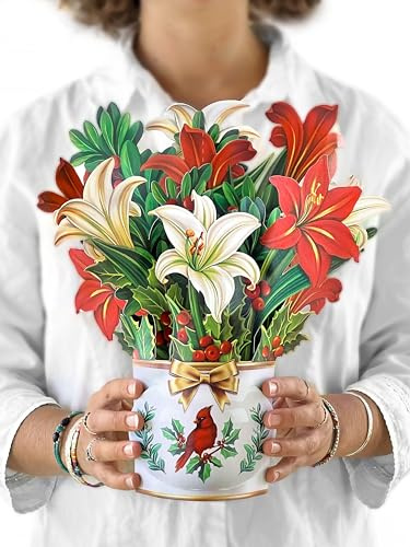 Freshcut Paper Pop Up Christmas Cards, Winter Joy, 12 Inch Life Sized Flower Bouquet 3D Popup Greeting Card, Christmas Cards, Holiday Card, Blank Notecard & Envelope