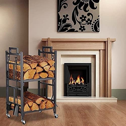 FUFU Rejilla de malla para chimenea con pinzas, cepillo, pala y póker, juego de accesorios de hierro para leña de almacenamiento de leña para decoración de interiores y exteriores