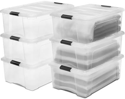 Iris Ohyama, Boite Rangement Plastique avec Couvercle, 30L, Lot de 6, Transparent, Clips de Fermeture, Poignée, Empilable, Organisation Solide & Durable, pour Chambre, Dressing, Bureau, DDNTB-30