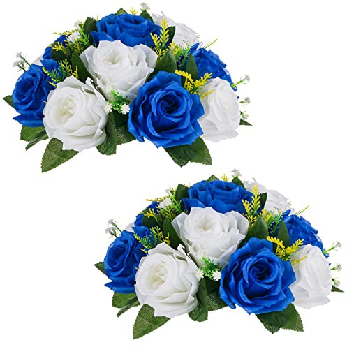 Nuptio Centros de Mesa de Bolas Flores Artificiales: 2 Piezas Flores Falsas Azul Real y Blanco Bolas Rosas 24cm Diámetro para Arreglos de Rosas Seda Sintética Decoraciones Mesa Fiesta Bodas
