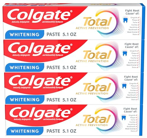 Colgate Total Whitening Toothpaste Paste, 5.1 oz, 4 Pack, Fluoride, Antibacterial, for Plaque, Gingivitis, Sensitivity, Stain Removal, Clinically Proven, Mint, Teeth Whitening, Stannous Fluoride