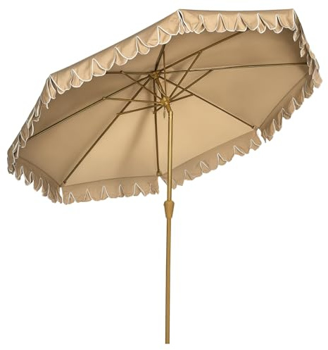 Outsunny Sonnenschirm, Ø264 cm Strandschirm mit Fransen, Terrassenschirm mit verstellbarer Neigung, 8 Streben, für Garten, Balkon, Khaki