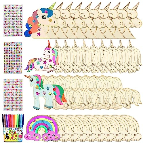Leonshco Einhorn Holz Bastelset, 55 Stück, Unfertig Bastelset Bemalt Kinder | 12 Aquarellstiften, Edelstein Aufkleber, Holzbastel für Kindergeburtstag Basteln, DIY Malerei mit Aquarellstiften Aufkleber