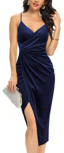 Missufe - Abito da donna midi, abito da cocktail, abito avvolgente, abito estivo, abito da festa, elegante, bodycon, da matrimonio, abito da sera, abito a spalline sottili, Blu oltremare scuro, XXL