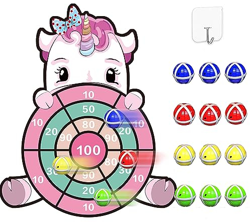 63CM Einhorn Geschenke für Mädchen 3-9 Jahre, Einhorn Spielzeug Dartscheibe Kinder mit 12 Klebrigen Bällen Geschenke für Mädchen 4-11 Jahre Wurfspiel Set Geburtstags Geschenke für Kinder 4–10