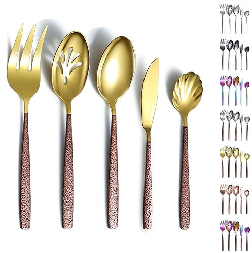 Evanda 5 Stück Servierbesteck, Edelstahlbesteck, brauner Griff und glänzender Goldkopf, Servierlöffel, Schaumlöffel, Serviergabel, Zuckerlöffel, Butterspatel