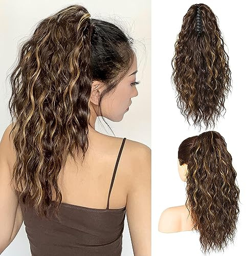 PORSMEER Pferdeschwanz Haarteil Ponytail Extensions dunkelbraun/blond Strähnchen mit klammer 45cm Lange Gewellte Lockige Haarverlängerung Zopf Clip in Klaue Natürlich Kunsthaar Haarteil für Frauen