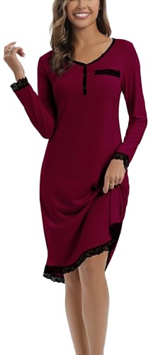 Yukiuiny Chemises de Nuit Femme Coton Dentelle Nuisette Robe de Nuit Longue T Shirt de Nuit Pyjama Casual Col V Sexy Maternité Allaitement Top Confortable Bordeaux*Longue S