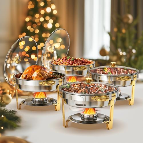 WARMOUNTS 4 Pack Chafing Dish Buffet Gold & Silver with Glass Lid 5L Set, Round Food Warmer for Catering Buffet with Lid Holder, Mirror-Polished Rolled-Rim Food-Grade Stainless Steel Chafer for Party