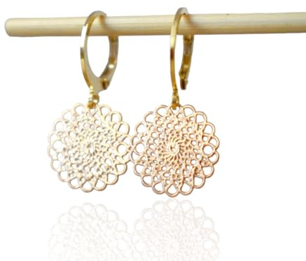 Ornament Ohrringe Gold, Mandala Creolen, Boho hängende Ohrringe, filigrane Ohrhänger, rund, leichte Ohrringe, Edelstahl, Mandala Schmuck, Geschenk