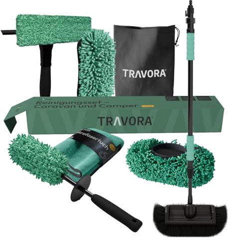 TRAVORA Premium Camper & Auto Reinigungsset - 7-teiliges Caravan- und Autopflege Set für außen inkl. Teleskopbürste, Waschbürstenüberzug, Felgenbürste, Schwamm, Microfasertuch, Wischer & Tasche