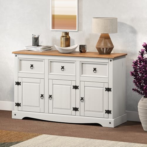 Corona Sideboard White 3 Door 3 Drawer Large Solid Wood Pine Wooden Painted Cabinet Cupboard Dresser Dining Hallway Unit Shabby Chic Mexican Style 76cm High 125cm Wide 40cm Deep