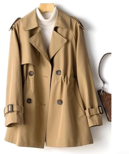Elegante giacca autunnale da donna di media lunghezza giacca a vento trench per look, cachi, XL