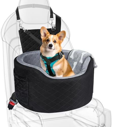 Hund booster bilstolar för små medelstora hundar, passar hundar under 48 cm, 28D högdensitets-minnesskum med vattentätt överdrag, husdjursresesäng med förvaringsfickor, filt, hundsäkerhetsbälte, svart