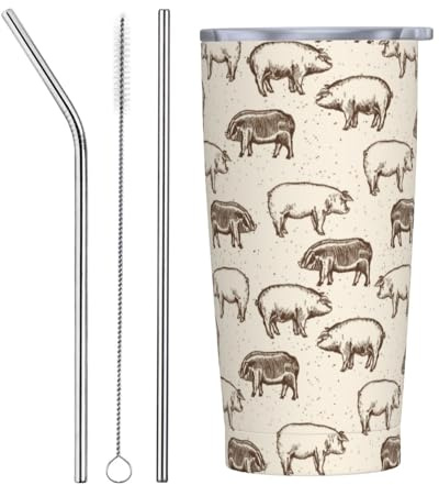 VOSERY Botella de agua de 20 onzas con tapa y popote, vaso aislado de cerdo de dibujos animados dibujados a mano, vasos de acero inoxidable, taza de café de viaje, vaso personalizado