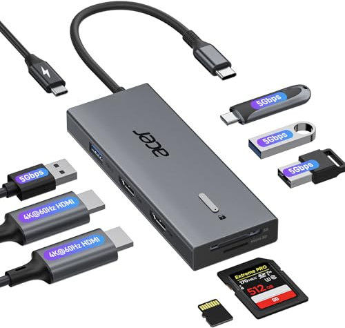 acer USB C Docking Station Dual HDMI, 9IN1 USB C Hub to HDMI 4K@60Hz, 3*USB-A, 1*Type-C 5Gbps, 100W PD, SD/TF Card Reader, Multiport for 2 Monitors, Dell, Chromebook, MacBook Air/Pro, Surface etc.