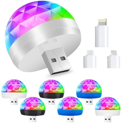 Mini Lampes Disco USB, Mini Lumière Stroboscopique Portable, Boule Disco, Portable Lumière Disco, USB Lumière de Boule avec Adaptateurs, Lumière d'ambiance Mini