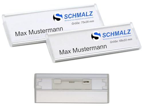 Schmalz® 10 Stück Aluminium Namensschild eloxiert aus Metall, mit Nadel Befestigung, Name Badge, Namensschild für Kleidung, selbstbeschriftbar, Selbstgestaltung (silber, 68 x 22 mm)