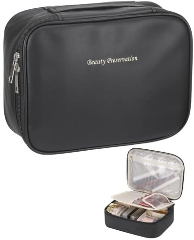 Huiguli Kosmetiktasche Damen, Groß Make Up Tasche Organizer mit Griff und Abnehmbarem Bürstenfach, PU Leder Tragbare Cosmetic Bag Organizer, Reise Schminktasche Schwarz