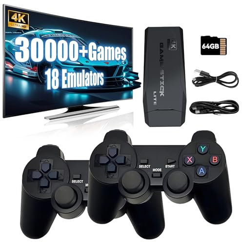 HKOORLAMULS M8 New Retro Game Stick, console de jeu avec plus de 30 000 jeux vidéo classiques, 18 émulateurs et sortie HDMI 4K, jeux vidéo Plug and Play avec 2 manettes sans fil améliorées (64 Go).