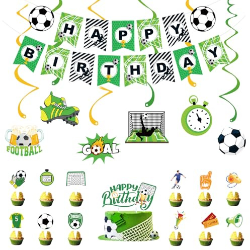 Kiyanest Soccer Birthday Party Decoration Set - Banner, Cake Toppers, Hanging Swirls & Cupcake Toppers