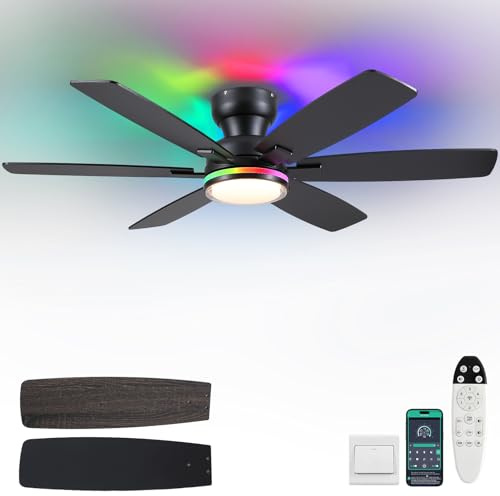 Kviflon 132 cm takfläkt med RGB-ljus, fjärrkontroll/appstyrning, takmontering, 6 vändbara blad med dubbla sidor, RGB 3CCT dimbar, dubbel ytterskärm, för sovrum, svart