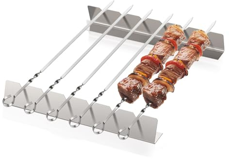 BBQ Skewers Stainless Steel Set, 6Pcs Barbecue Skewer with Kabob Rack, Flat Metal Kebob，Sticks Reusable Grilling Skewers with Storage Bag,for Gas Grill、Outdoor BBQ & Charcoal Grill