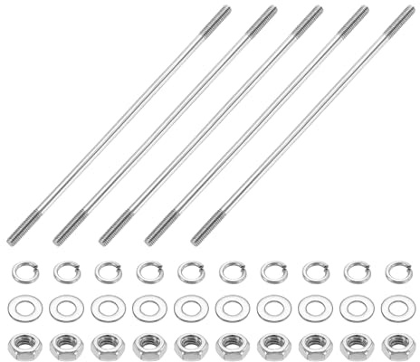 sourcing map 5 tornillos de doble extremo, M4 x 200 mm, acero inoxidable 304, pernos de varilla de doble rosca con tuercas y arandelas planas y de bloqueo, perno roscado de doble extremo para