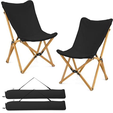 GOPLUS Campingstuhl faltbar 2er Set, Liegestuhl klappbar aus Bambus, Gartenstuhl bis 150kg belastbar, Klappstuhl leicht tragbar mit Tragetasche, Strandstuhl für Camping, Picknick & Angeln (Schwarz)