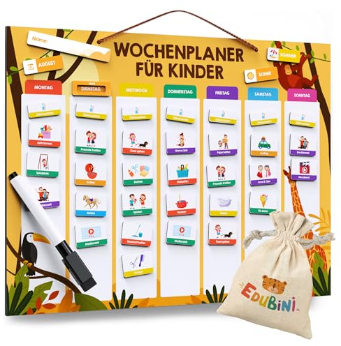 Edubini Wochenplaner Kinder - [223 Magnete + 150 Sticker] - Routine Planer Kinder für Struktur im Alltag - Montessori Magnettafel, Tagesplaner, Aufgabentafel, Belohnungstafel - (inkl. Tasche, Stift)