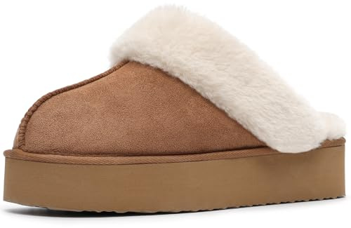Fallzor Pantuflas de plataforma para mujer, de ante sintético, sin cordones, con puntera redonda, esponjosas, cálidas, para invierno, cómodas, con forro suave, regalo para mujer, marrón castaño, 38 EU